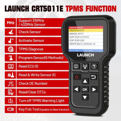 2025 Lançamento CRT5011E TPMS Relearn Tool TPMS Sensor (315 + 433MHz) Suporte Ler / Ativar / Programação / Relearn / Reset / Key Fob Test