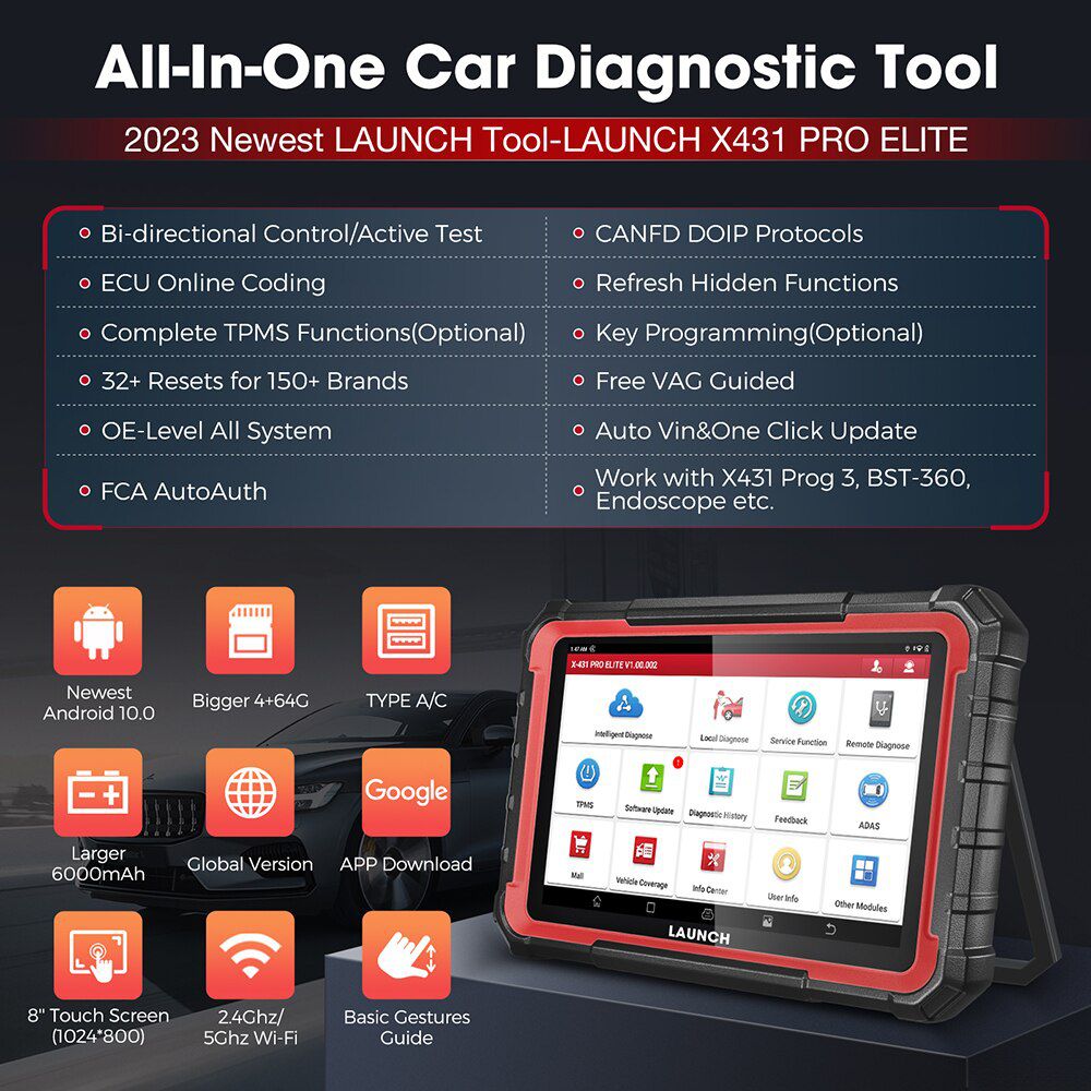 2023 Lançamento X431 Pro Elite Car Diagnostic Tools, Ferramenta de Digitalização Bidirecional, 31+ Redefinir CAN FD & DOIP ECU codificação PK X431 V V4.0 OBD2