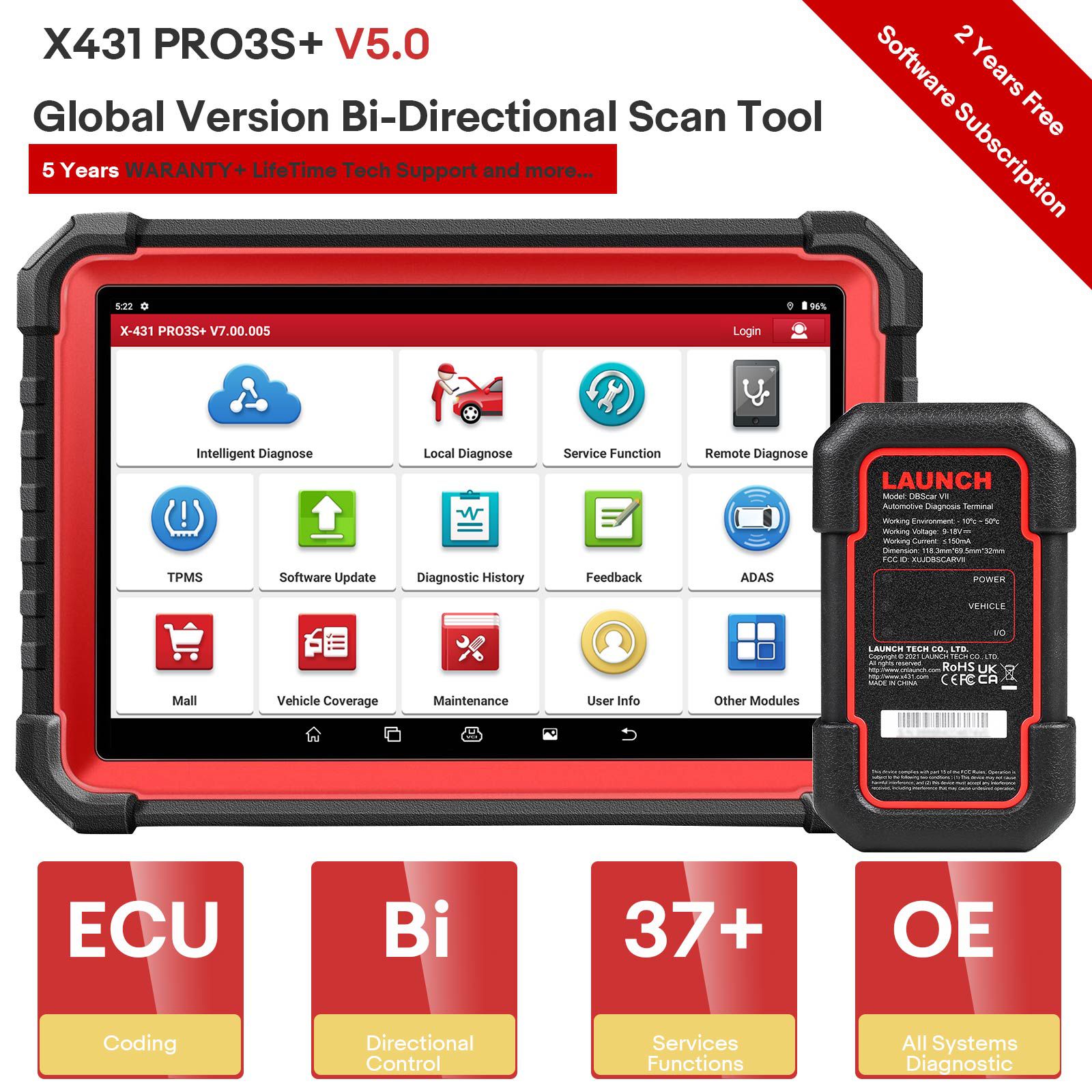 LAUNCH X431 PRO3S + V5.0 Ferramenta de varredura bidirecional, serviço de redefinição 37 +, scanner de diagnóstico Bluetooth do sistema completo de nível OE, codificação da ECU