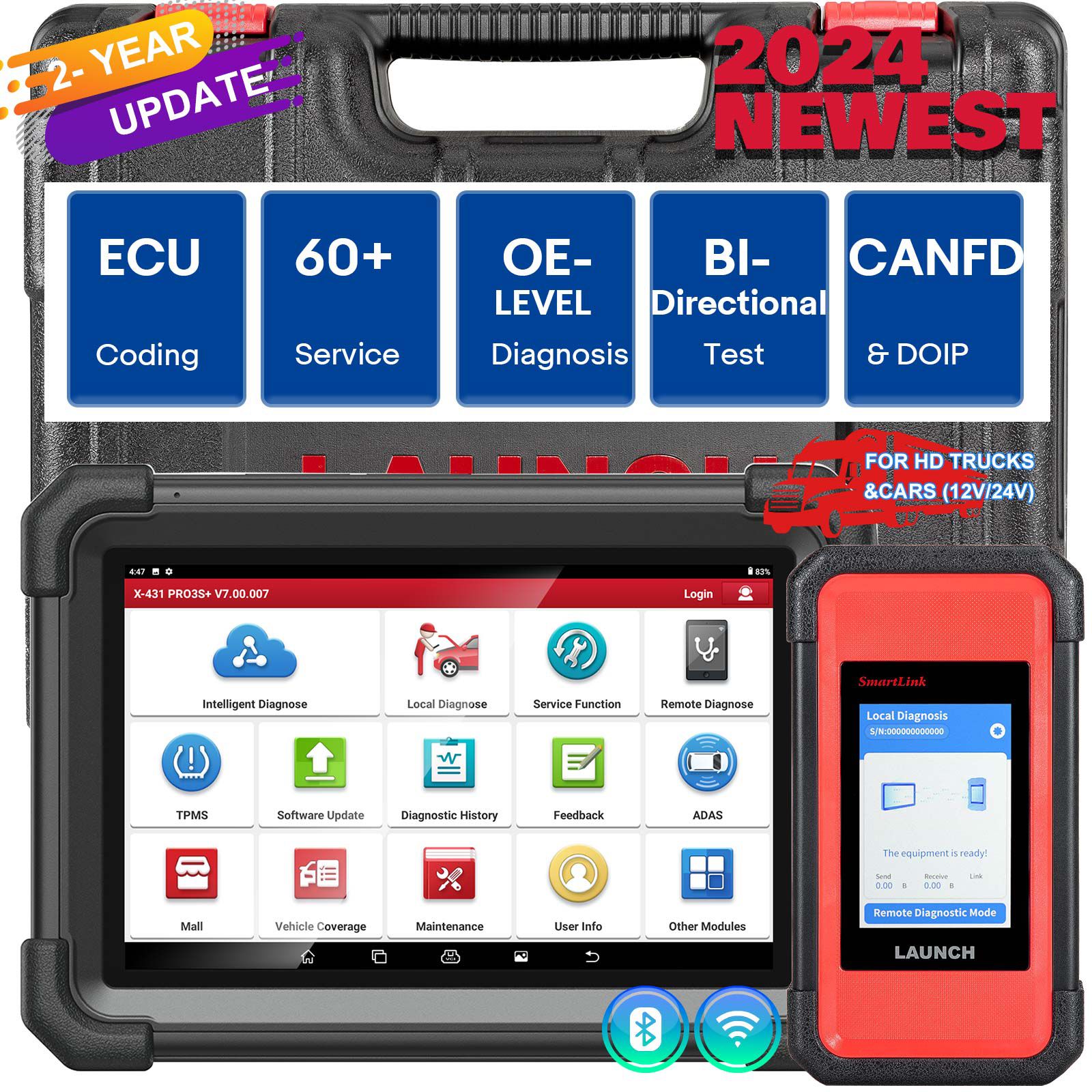 LAUNCH X431 PRO3S+ SmartLink HD para Diesel & Gasolina 12V/24V Ferramenta de varredura bidirecional Suporte ECU Codificação CANFD DOIP J2534 Programação