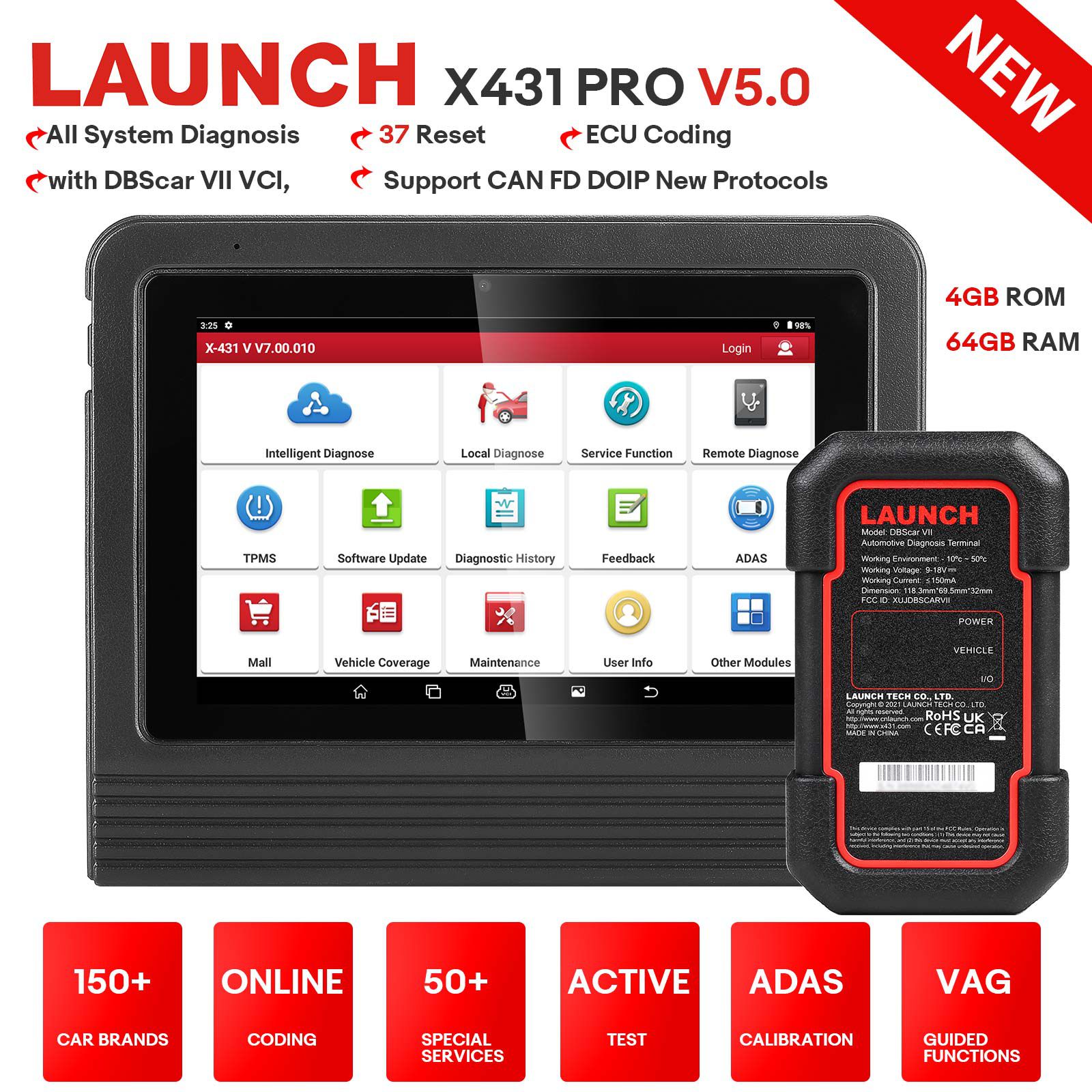 Lançamento X431 V 5.0 (X431 Pro) 8inch Wifi/Bluetooth bidirecional scanner de diagnóstico completo do sistema suporta CAN FD DOIP, guia VAG