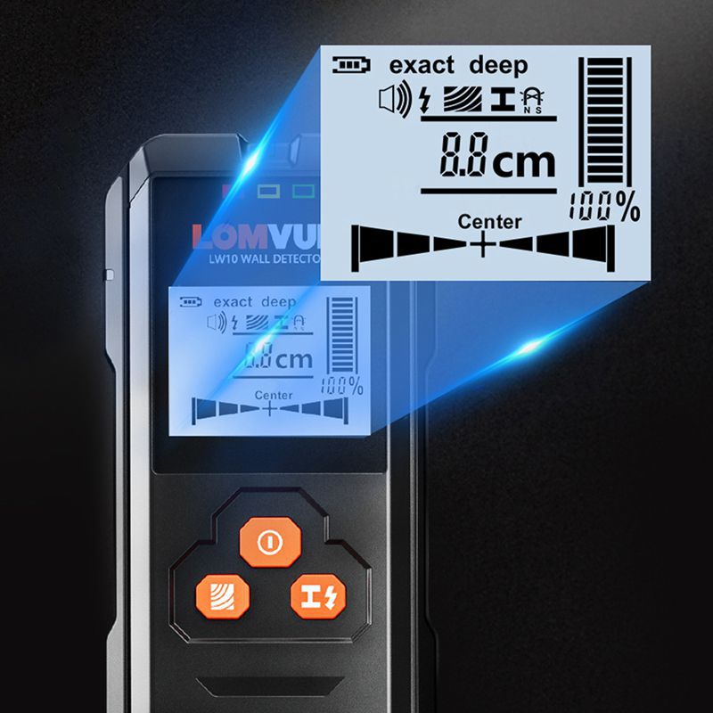 LOMVUM Detector de Metal Backlit Preto AC Wood Finder Cable Wires Depth Tracker Undeground Sturs Wall Scanner LCD HD Display Beep
