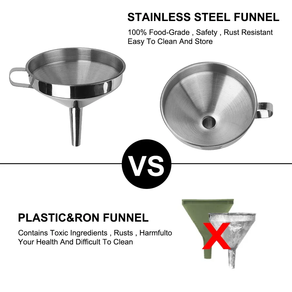Funil de metal para aço inoxidável das ferramentas da cozinha da lata com o filtro desmontável Funil do frasco de óleo da cerveja do vinho da barra dos funis da boca larga