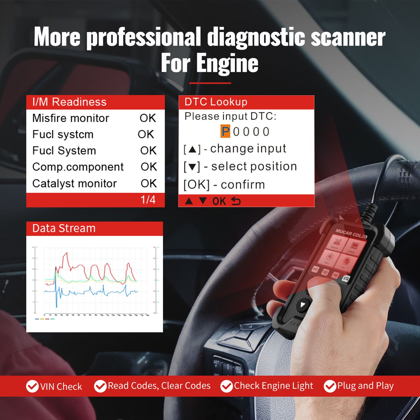 MUCAR CDL20 OBD2 Scanner Auto Engine Fault Code Reader EOBD CAN Ferramenta de verificação diagnóstica para todos os carros do protocolo OBD II desde 1996