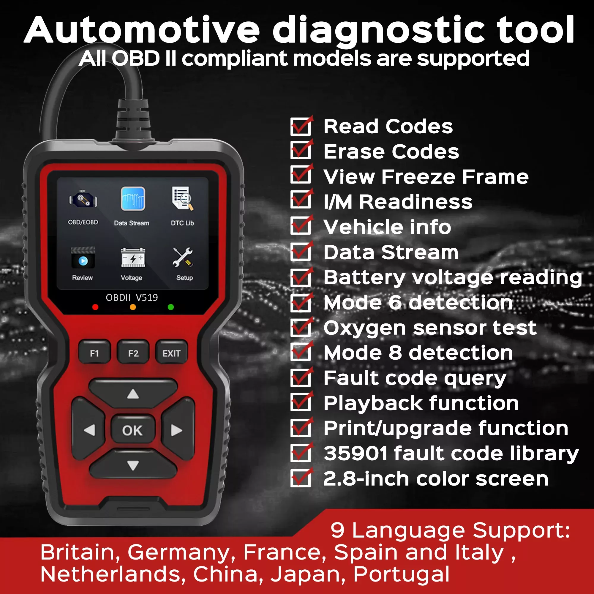 Ferramenta profissional do leitor do código de diagnóstico do mecânico OBDII dos dados vivos do leitor V159 OBD2 para a luz do motor de verificação