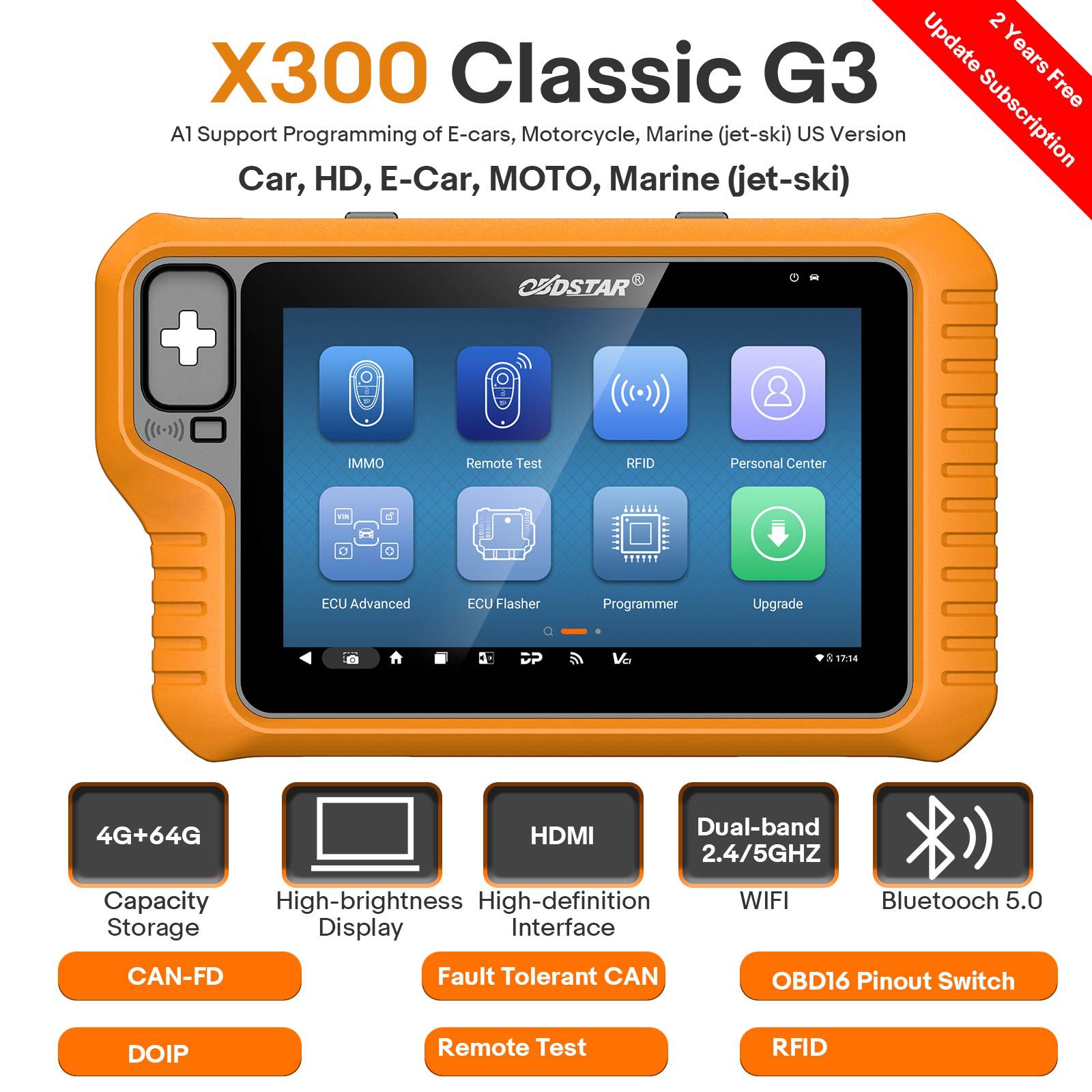 2025 OBDSTAR X300 Clássico Programador da chave G3 com o carro/HD/E-Car/Motocicletas/Jet Ski do apoio do CAN FD DoIP incorporado Obtenha o Sim e os adaptadores do motor da chave grátis