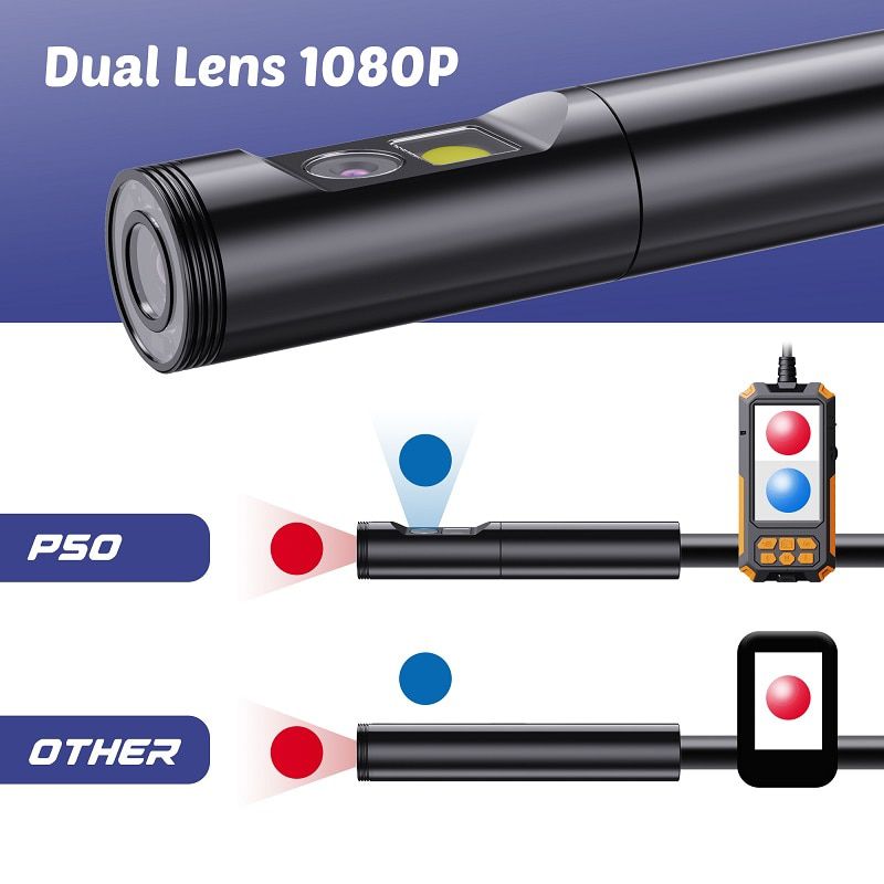 P50 Dual Camera Inspection Endoscópio 4.5 "Tela IPS HD1080P 8MM 5.5MM Dual Lens Rigid Cable 9 LEDs Waterproof Borescope 32G TF
