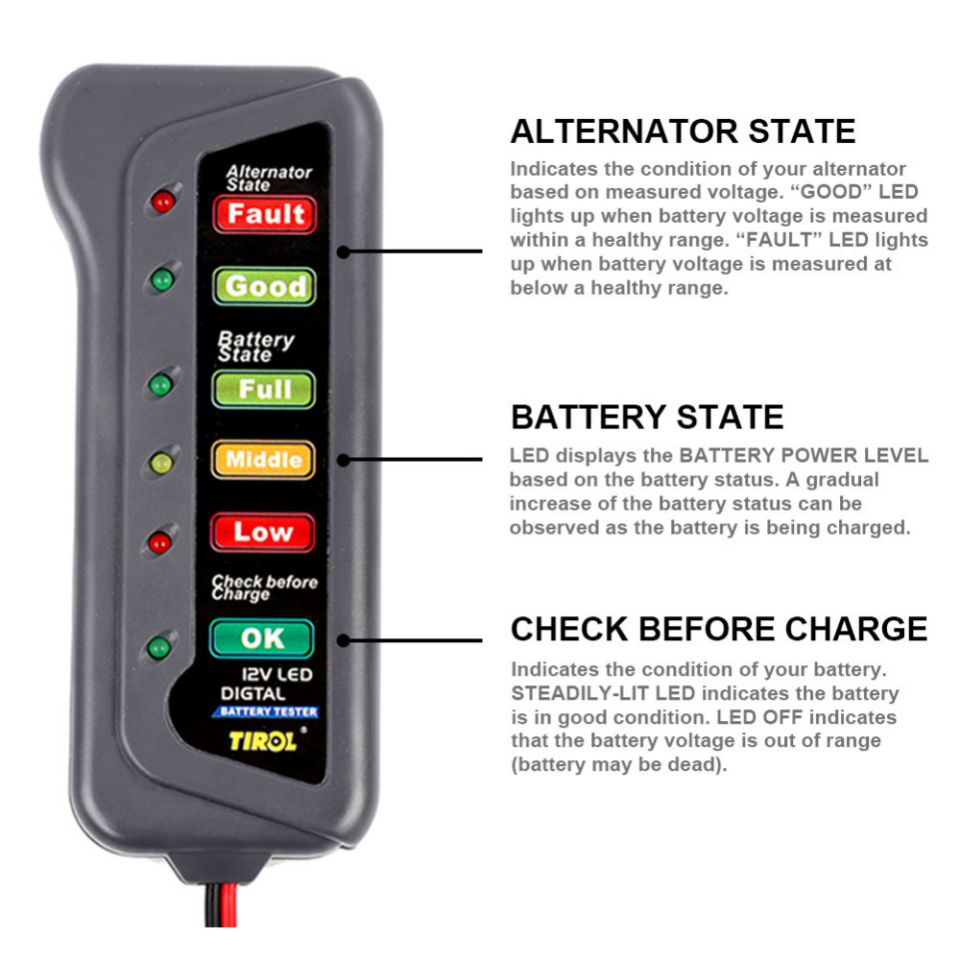 TIROL T16897 12V LED Battery /Alternador Tester