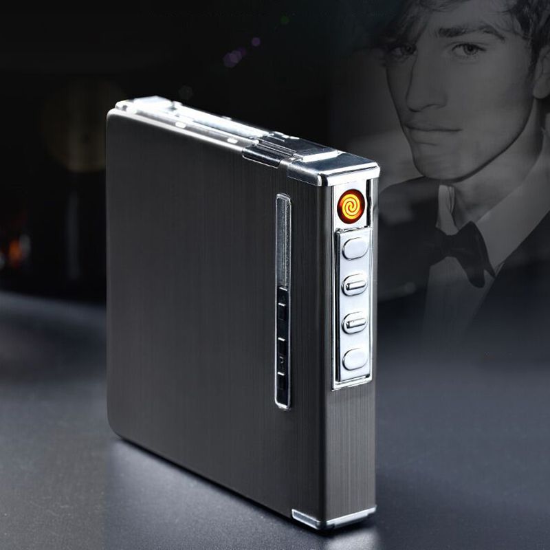 Thin Aluminum Automatic Ejection Metal Cigarette Case With USB Rechargeable Windproof Electric Lighters