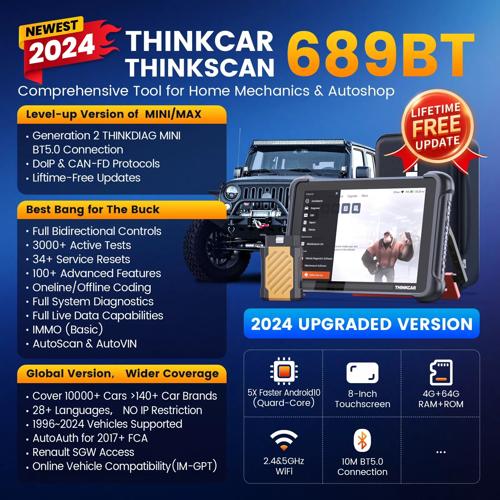 THINKCAR THINKSCAN 689BT ferramenta profissional de diagnóstico do carro CANFD DOIP bi-direcional da codificação do ECU 34 redefinir o scanner completo do sistema Obd2