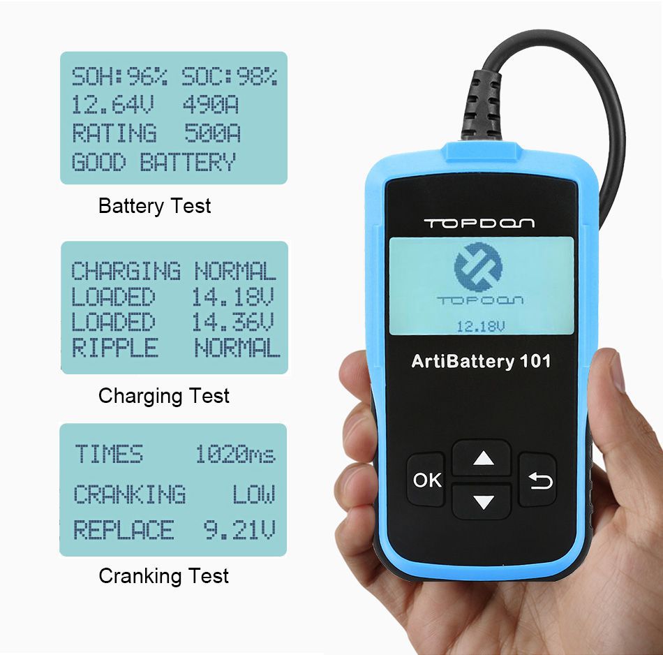 TOPDON AB101 Car Battery Tester 12V Teste de bateria de tensão Analisador de carregador automotivo 2000CCA Car Cranking Circut Tester