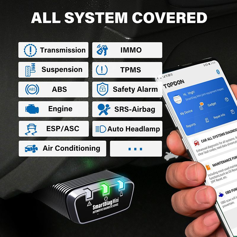 Topdon SmartDiag Mini OBD2 Bluetooth Scanner Automotivo OBD2 Ferramenta de Diagnóstico Do Carro TPMS SRS Immo Key Code Reader PK Thinkcar Autel
