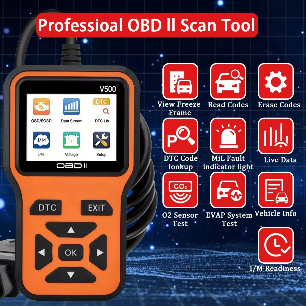 Leitor de código de ferramenta de diagnóstico do scanner do carro OBD2 V500 Testador de tensão do carro Scanner de código de falha do motor, ferramenta de diagnóstico do testador de carregamento