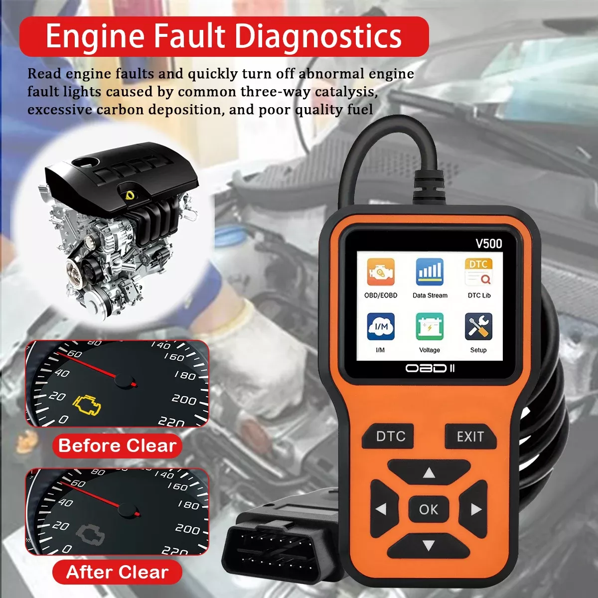 Leitor de código de ferramenta de diagnóstico do scanner do carro OBD2 V500 Testador de tensão do carro Scanner de código de falha do motor, ferramenta de diagnóstico do testador de carregamento