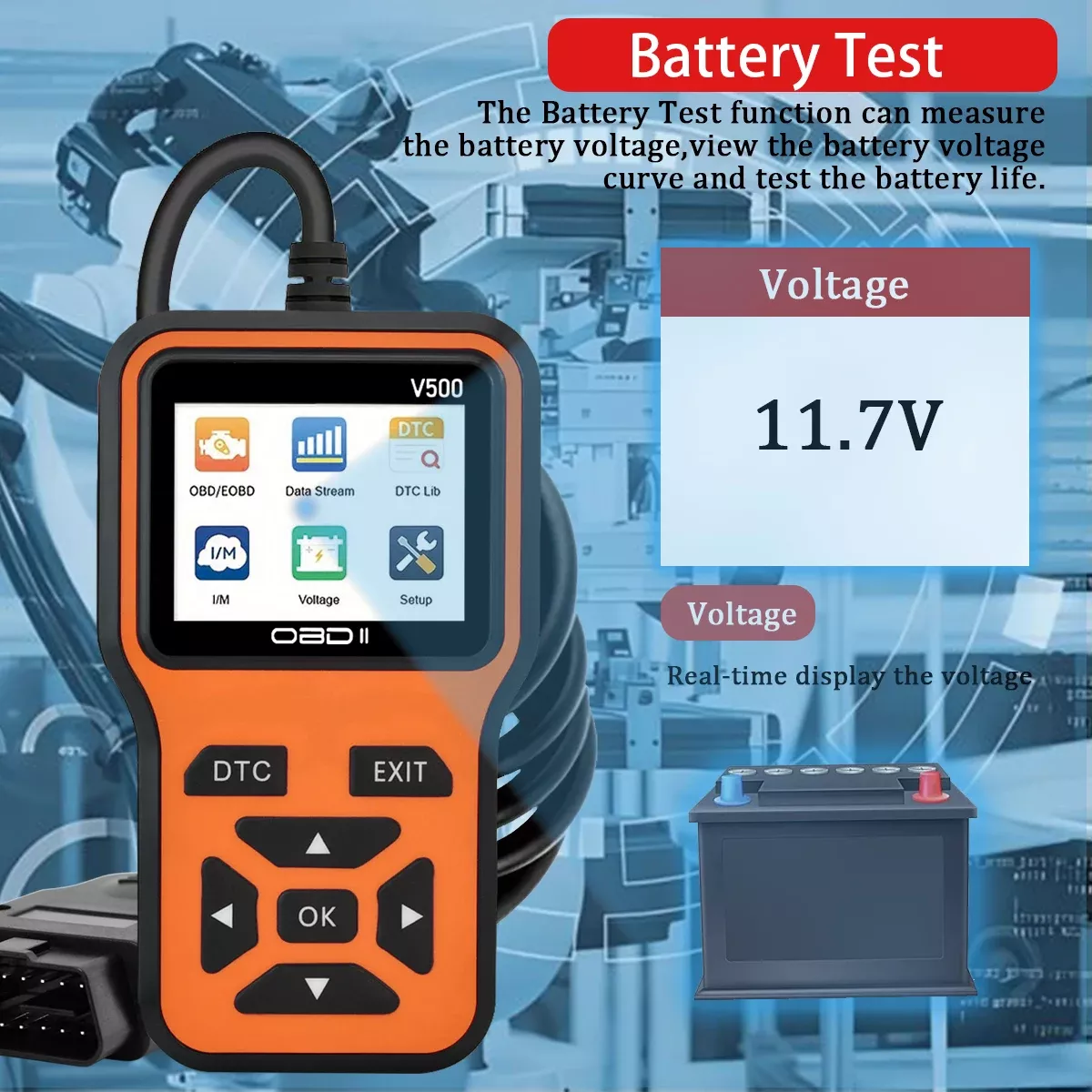 Leitor de código de ferramenta de diagnóstico do scanner do carro OBD2 V500 Testador de tensão do carro Scanner de código de falha do motor, ferramenta de diagnóstico do testador de carregamento