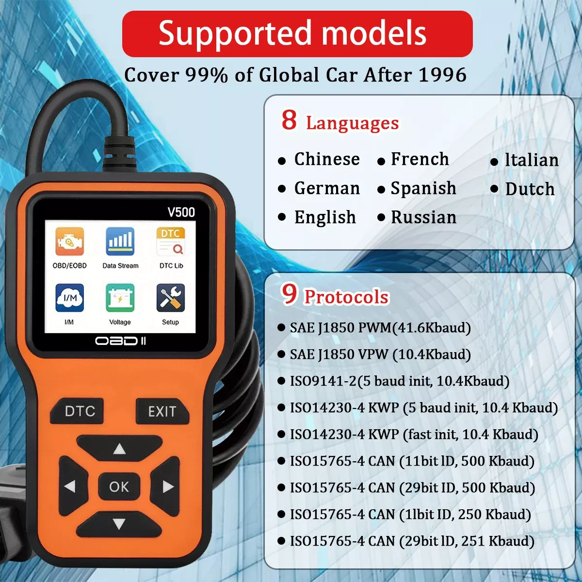 Leitor de código de ferramenta de diagnóstico do scanner do carro OBD2 V500 Testador de tensão do carro Scanner de código de falha do motor, ferramenta de diagnóstico do testador de carregamento