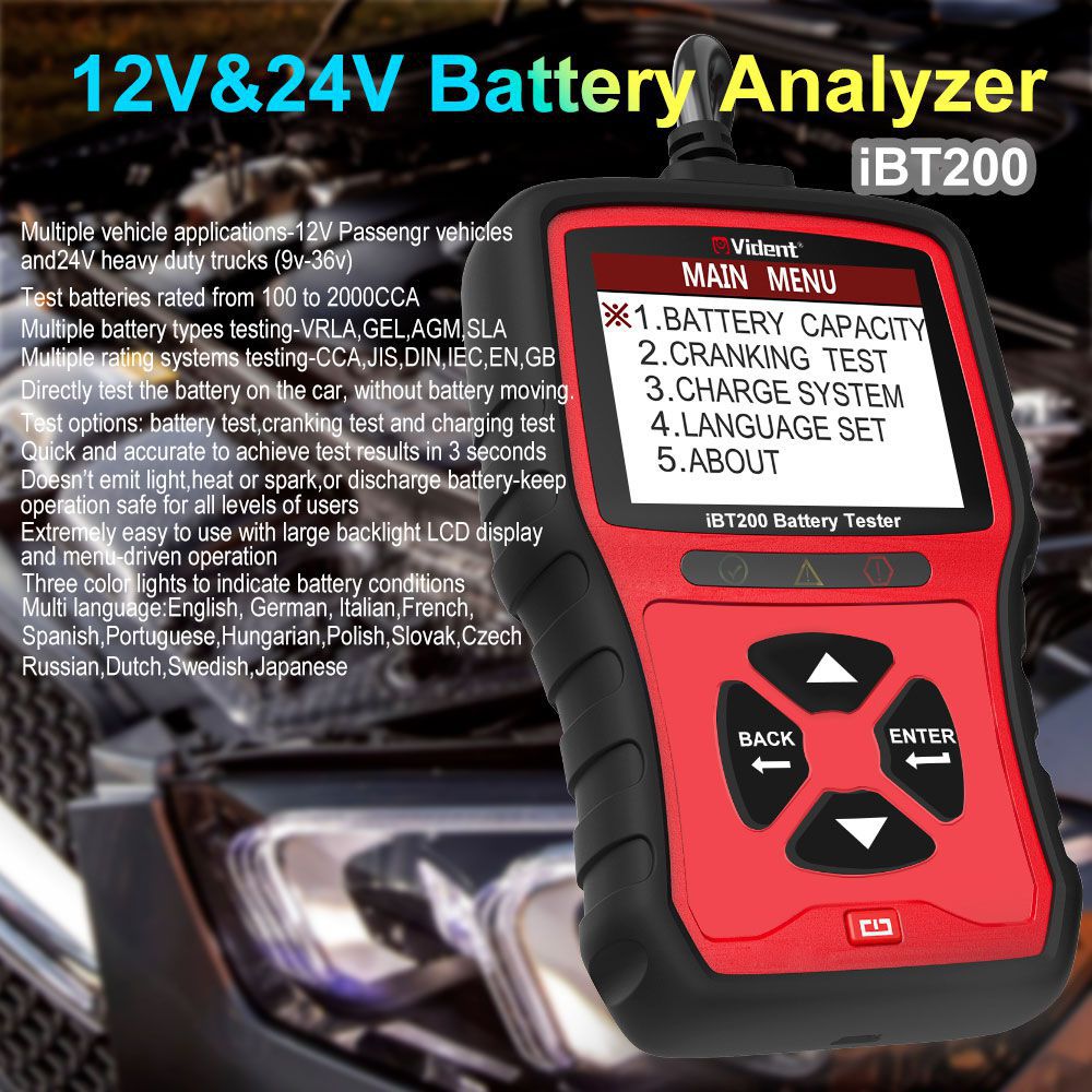 Verificador de bateria iBT200 9V-36V para carros de passageiros 12V e caminhões pesados 24V 100 a 2000CCA Analisador de bateria de carro