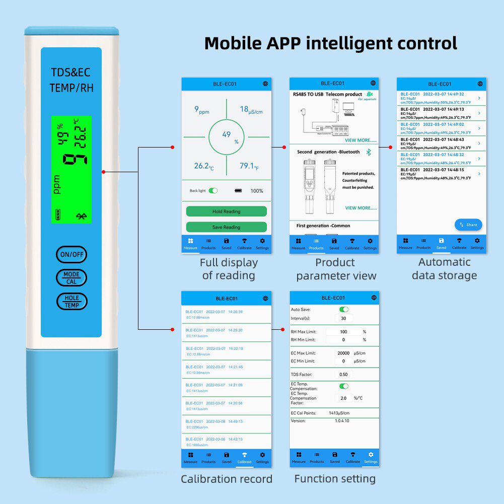 Yieryi 4 em 1 CE/TDS/Temperatura/Umidade Medidor Bluetooth-Compatível APP Testador de Qualidade de Água Online ATC Para Beber Aquário