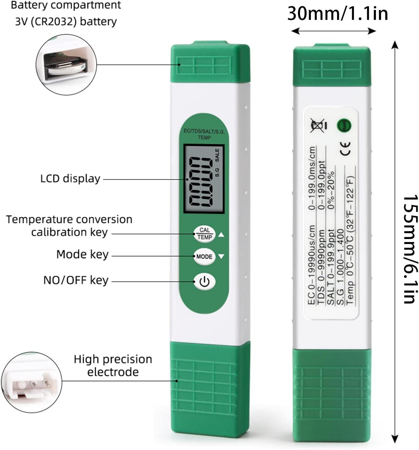 Água Tester Pen Display LCD Water Tester EC TDS Temp Meter 5-em-1 Multifuncional Alta Precisão Medidor de Teste de Água para Hydropon