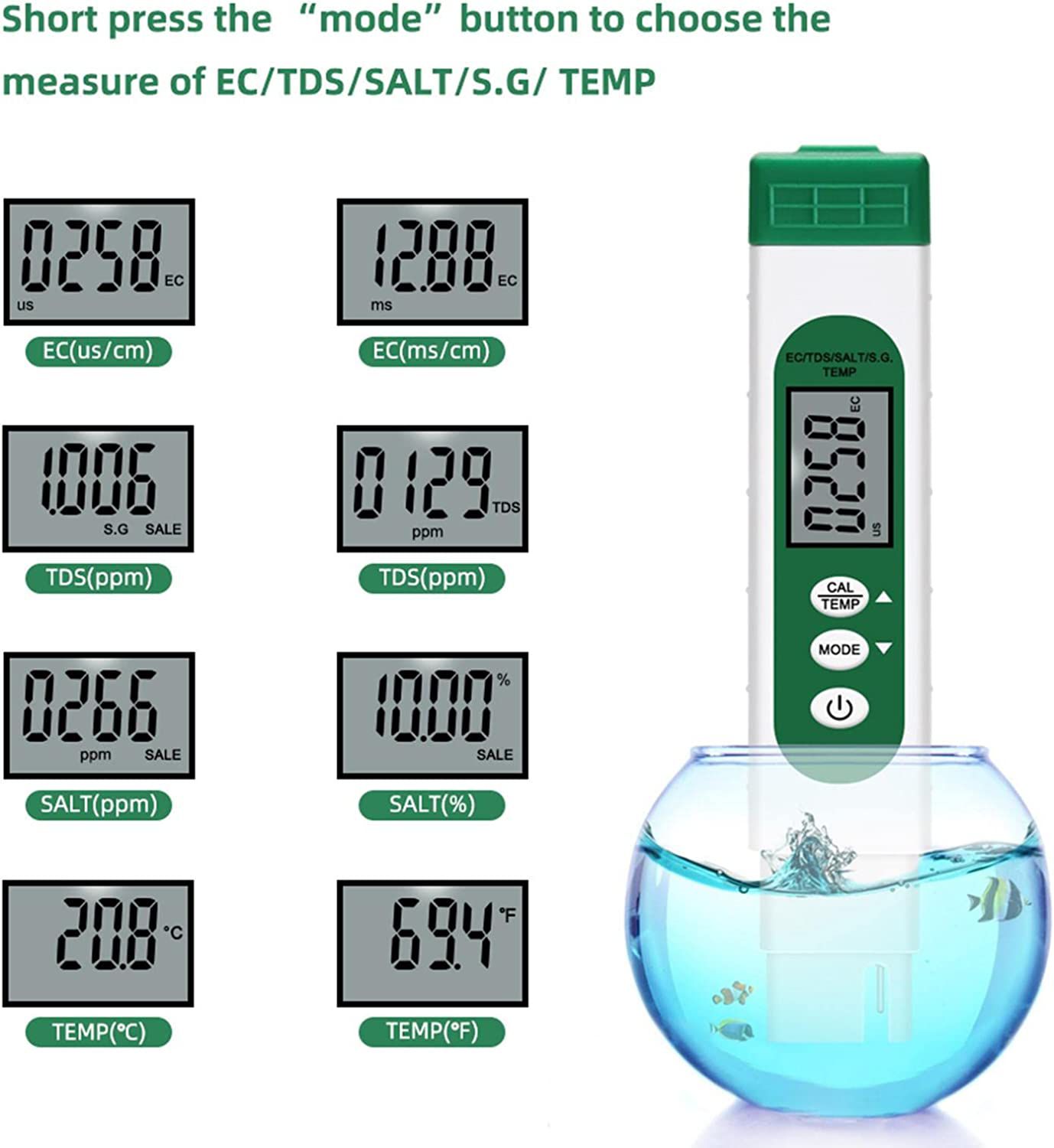 Água Tester Pen Display LCD Water Tester EC TDS Temp Meter 5-em-1 Multifuncional Alta Precisão Medidor de Teste de Água para Hydropon