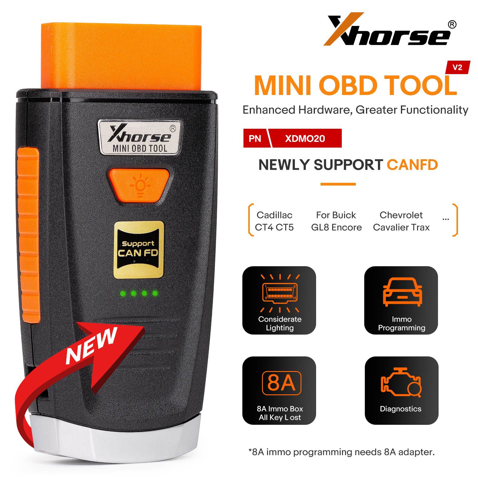 2024 Xhorse Mini OBD ferramenta V2 XDMO20 apoia recentemente o protocolo CANFD/luz LED/caixa IMMO 8A toda a chave perdida