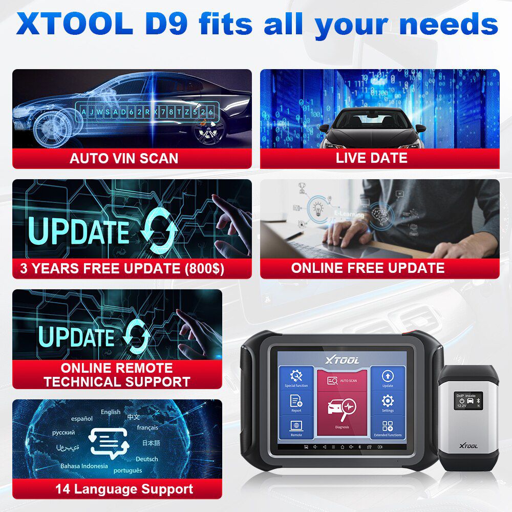 XTOOL D9 Automotive Scan Tool Topology Map Controle bidirecional ECU Codificação Diagnóstico Completo & 42+ Redefinições Suporte DoIP & CAN FD
