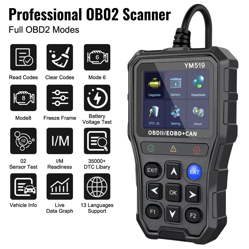 Leitor de Código do Testador de Bateria Leitor de Código de Falha Scanner OBD2 Leitor de Código Multi-linguagem YM519 Sistema do Motor de Verificação da Ferramenta de Diagnóstico do Carro