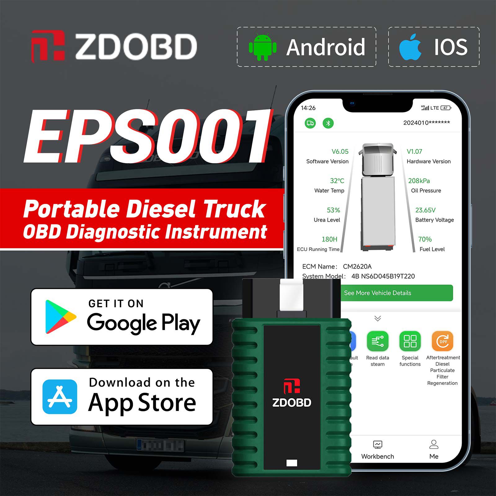 2024 ZDOBD EPS001 scanner de caminhão de serviço pesado para Android & IOS portátil instrumento de diagnóstico OBD do caminhão Disel