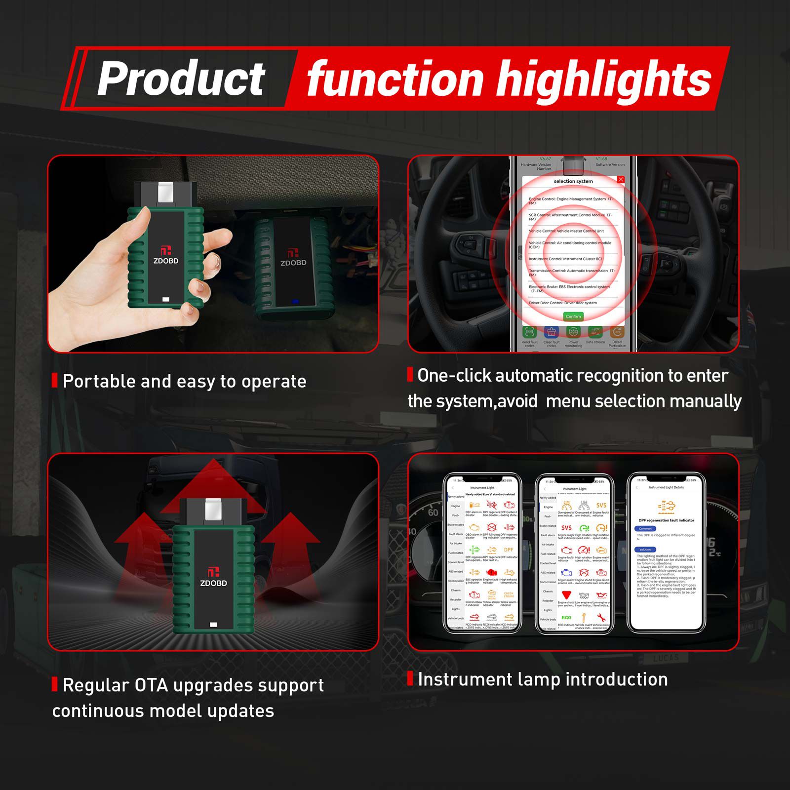 2024 ZDOBD EPS001 scanner de caminhão de serviço pesado para Android & IOS portátil instrumento de diagnóstico OBD do caminhão Disel
