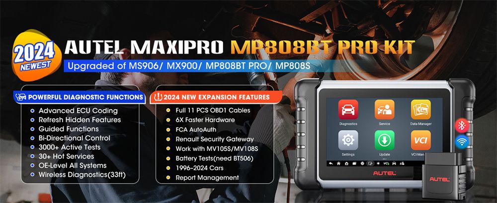 Autel MaxiPRO MP808BT Pro Kit com adaptadores OBDII versão atualizada de MP900BT MP900 MP808S