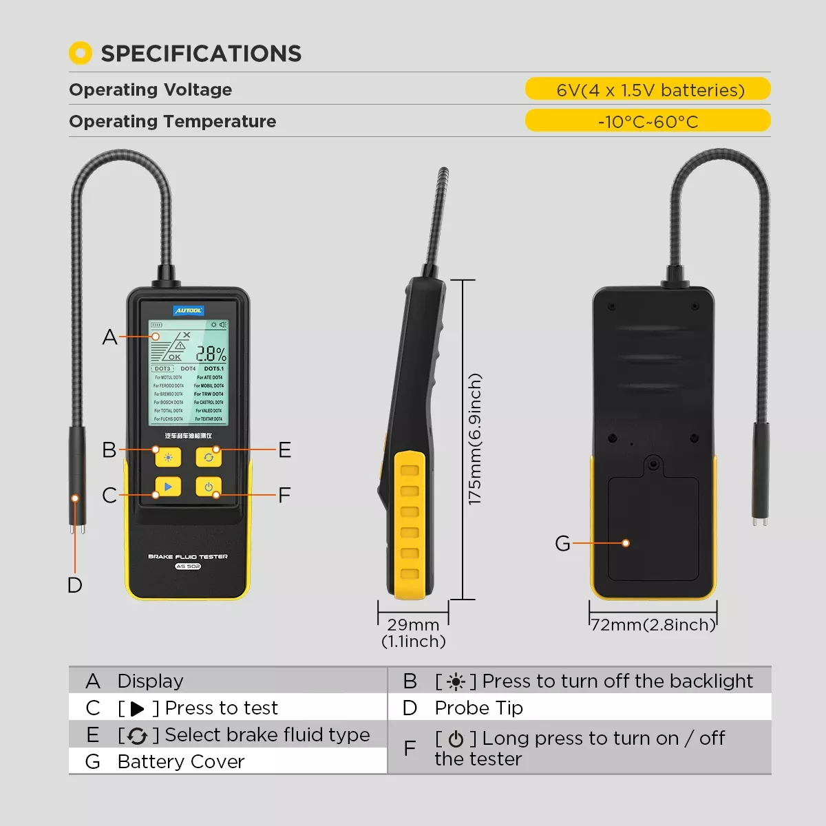 Testador de fluido de freio AUTOOL AS502