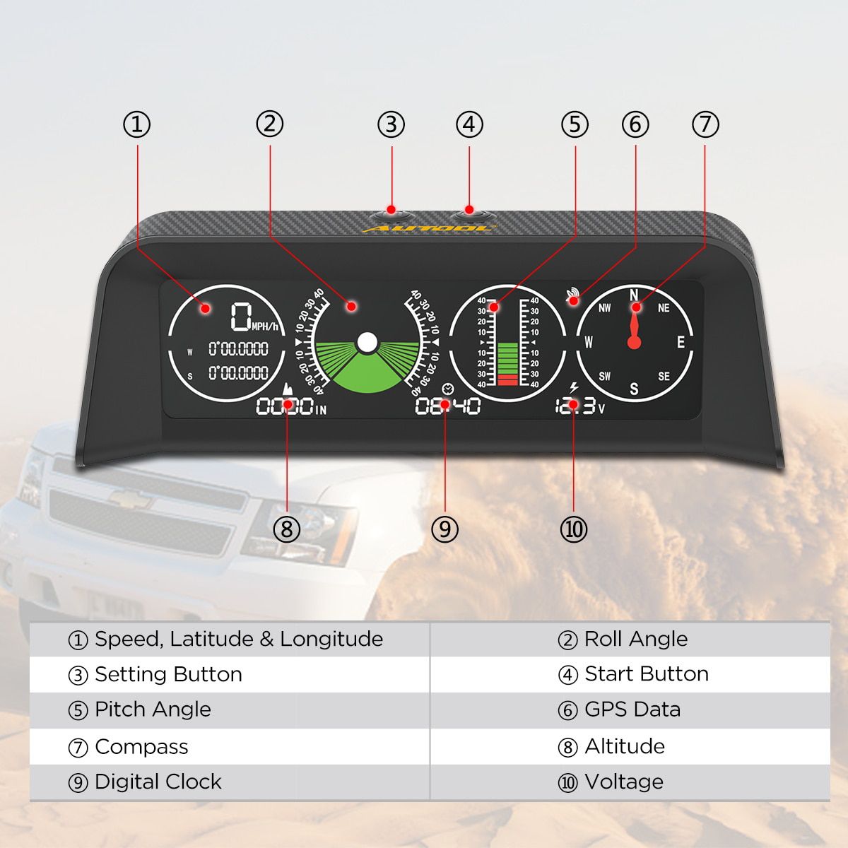 AUTOOL X90 GPS/OBD2 Velocidade PMH KMH Slope Meter
