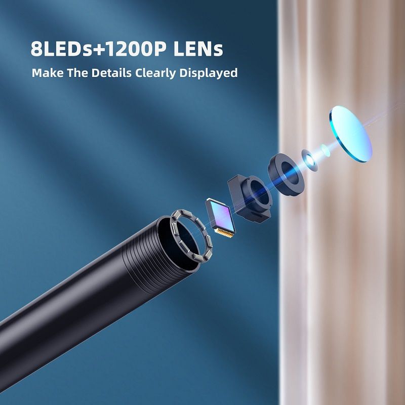 F130 WIFI endoscópio câmera 8mm lente 8 LEDs HD1200P IP67 impermeável boroscópio de inspeção industrial sem fio para PC Android IOS