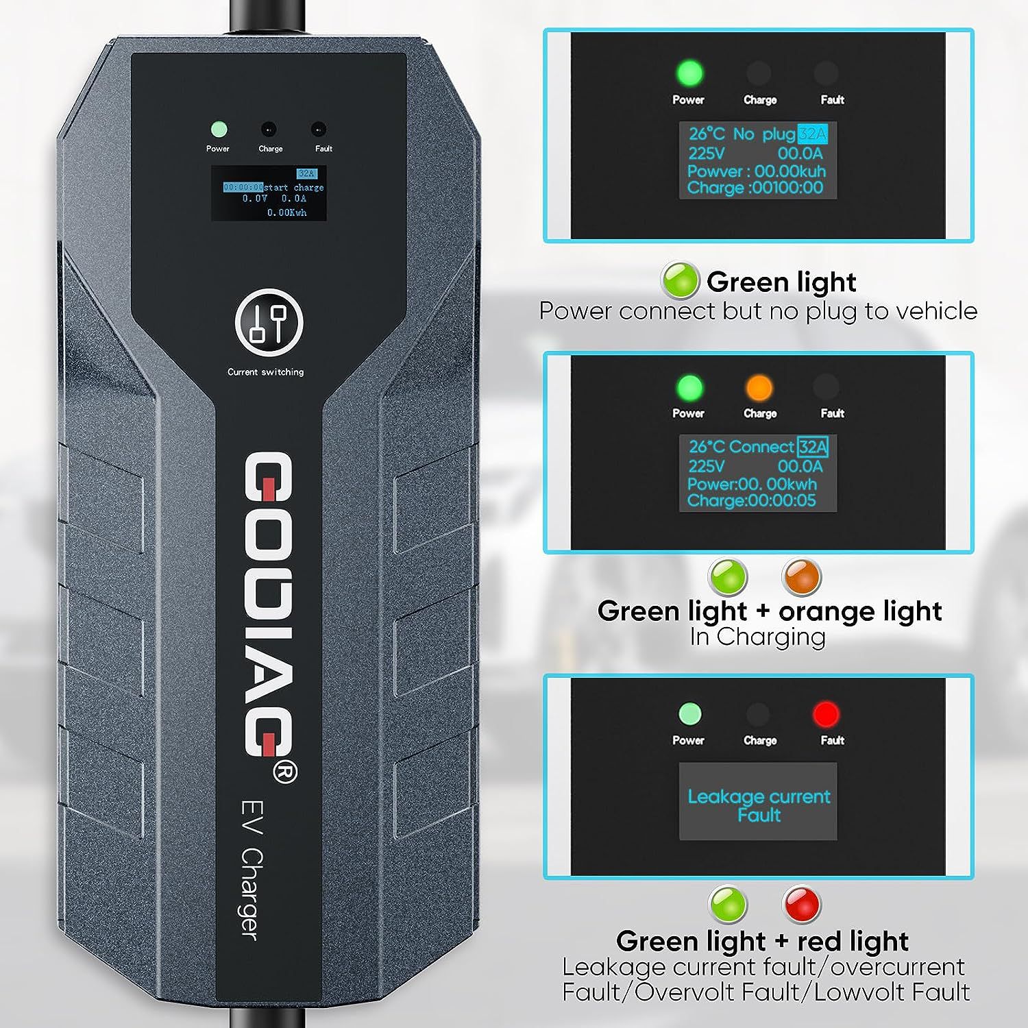 GODIAG nível 2 carregador EV 10/16/24/32A ajustável para casa nível 2 J1772 EVs, PHEVs, motocicleta EVs