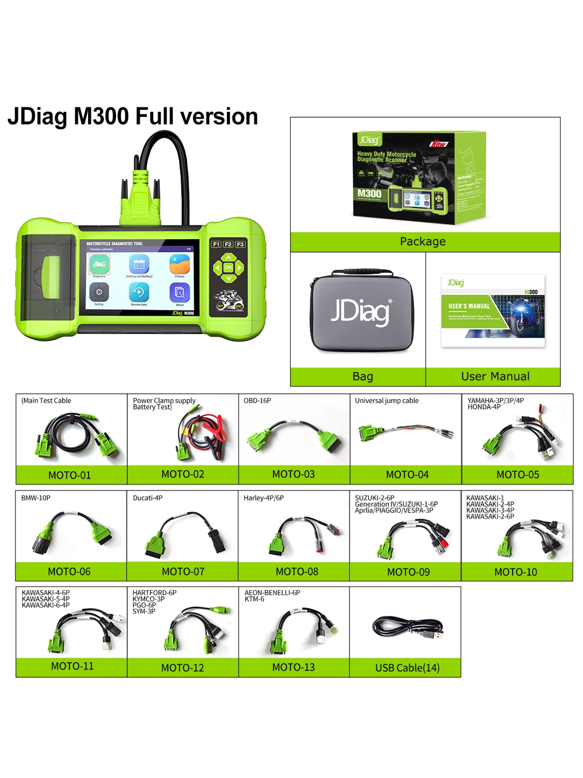 Scanner OBD2 diagnóstico da motocicleta JDiag M300