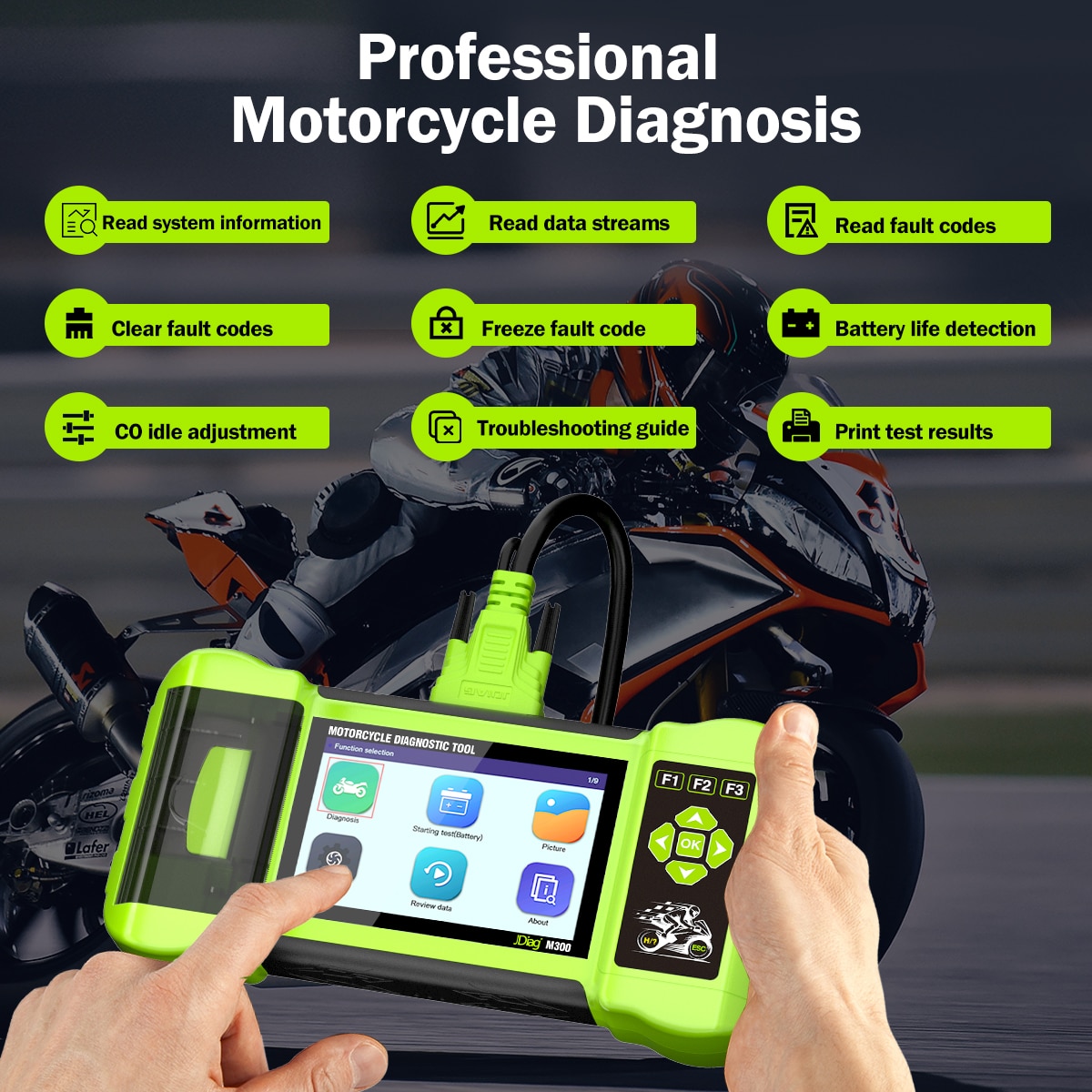 Scanner OBD2 diagnóstico da motocicleta JDiag M300