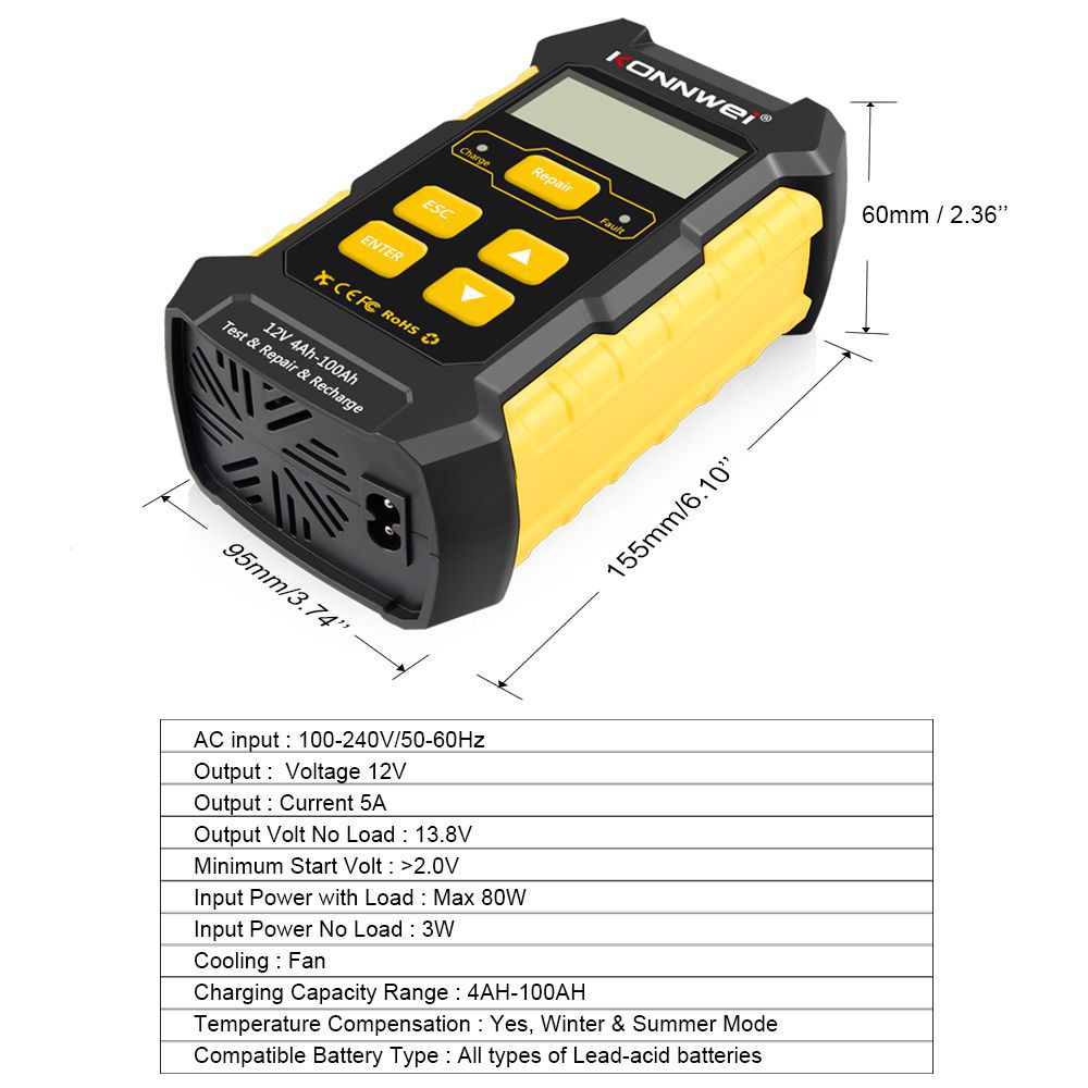 Verificador automático completo da bateria do carro de KONNWEI KW510 12V