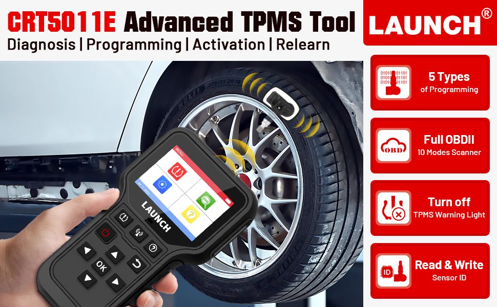 Lançar CRT5011E TPMS Relearn Tool TPMS Sensor (315 + 433MHz) Suporte Ler / Ativar / Programação / Relearn / Reset / Key Fob Test