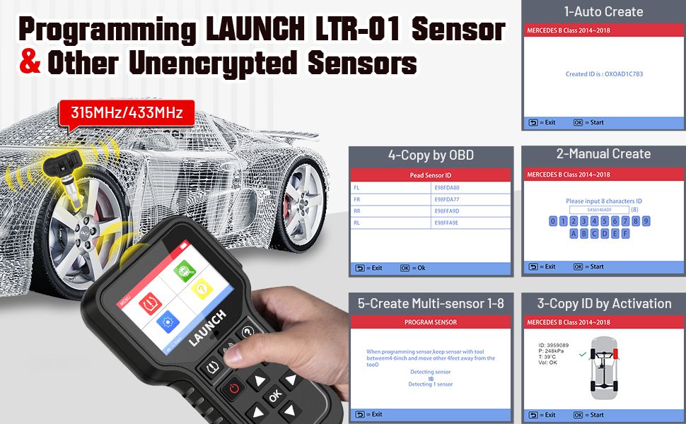 Lançar CRT5011E TPMS Relearn Tool TPMS Sensor (315 + 433MHz) Suporte Ler / Ativar / Programação / Relearn / Reset / Key Fob Test