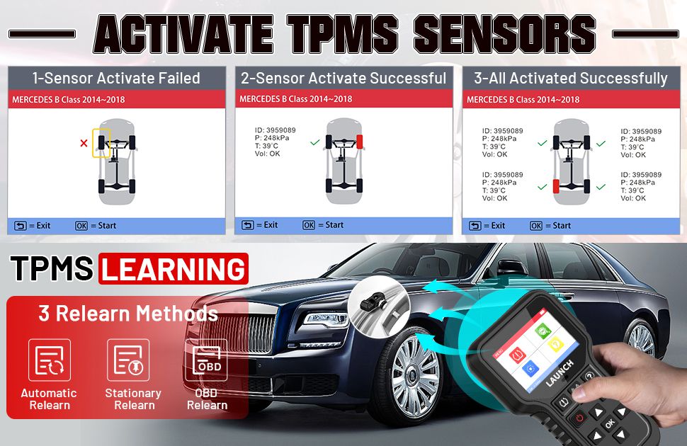 Lançar CRT5011E TPMS Relearn Tool TPMS Sensor (315 + 433MHz) Suporte Ler / Ativar / Programação / Relearn / Reset / Key Fob Test