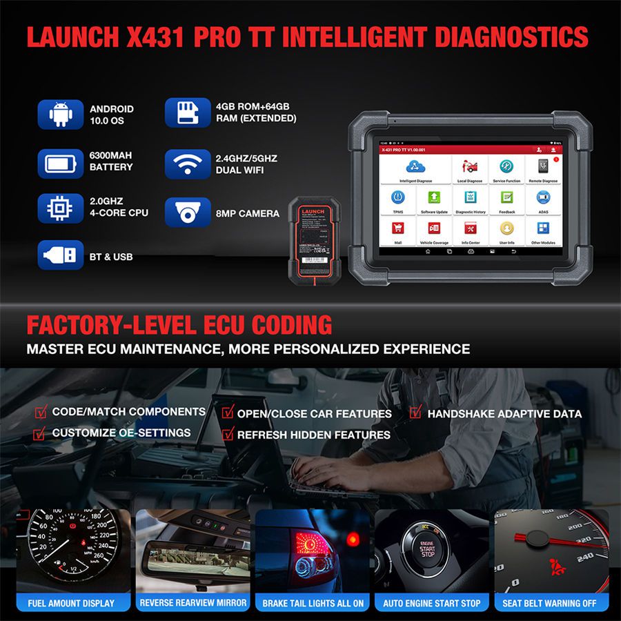 LAUNCH X431 PRO TT Ferramenta de digitalização bidirecional com conector DBSCar VII 37 + Redefinir ECU Codificação online CANFD Key IMMO