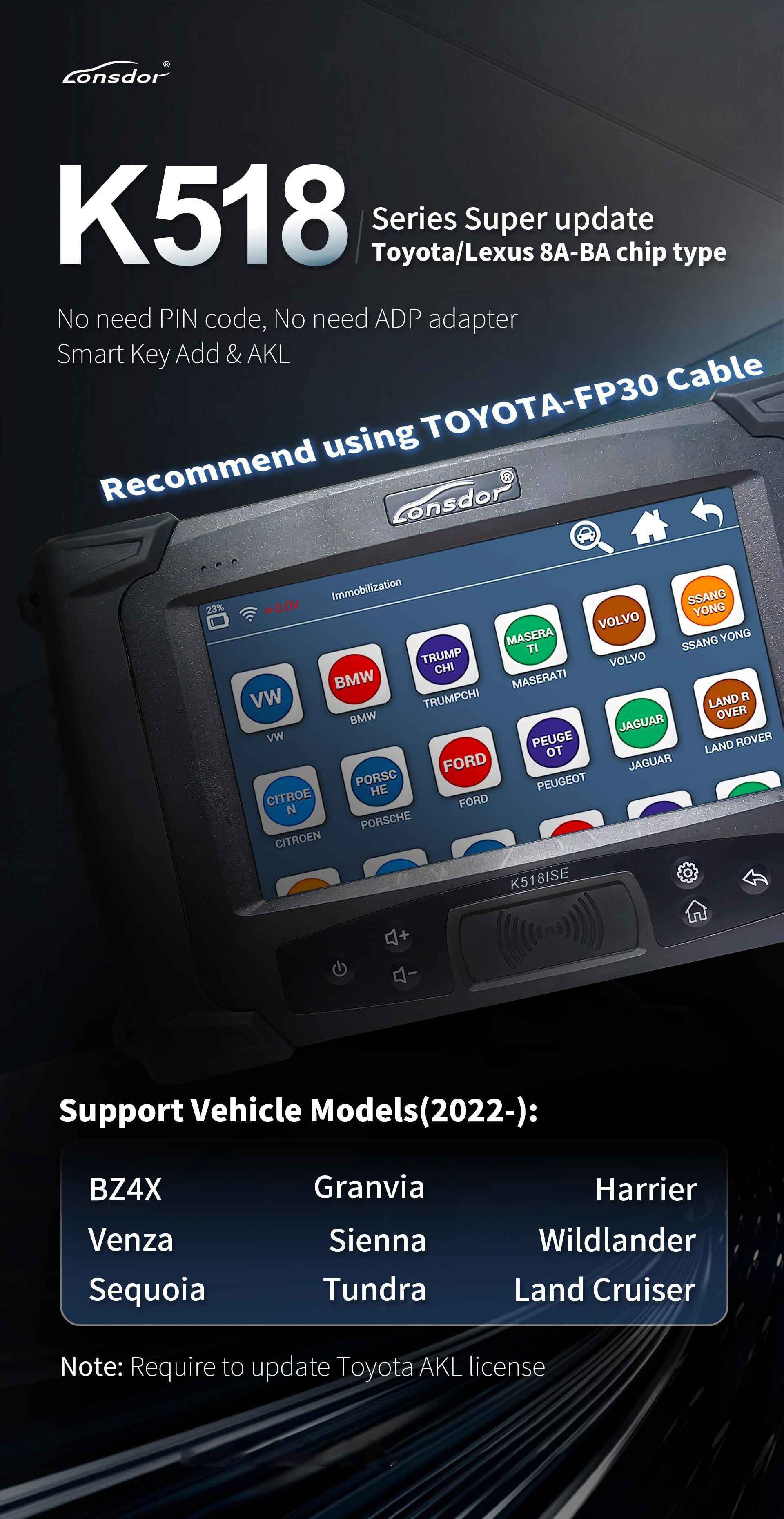  Cabo Lonsdor FP30 30 PIN para Toyota 2022- 8A-BA e Proximidade 4A sem Código PIN Funciona com K518ISE K518S