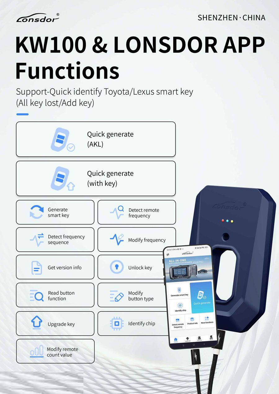 Gerador de chave inteligente Bluetooth Lonsdor KW100