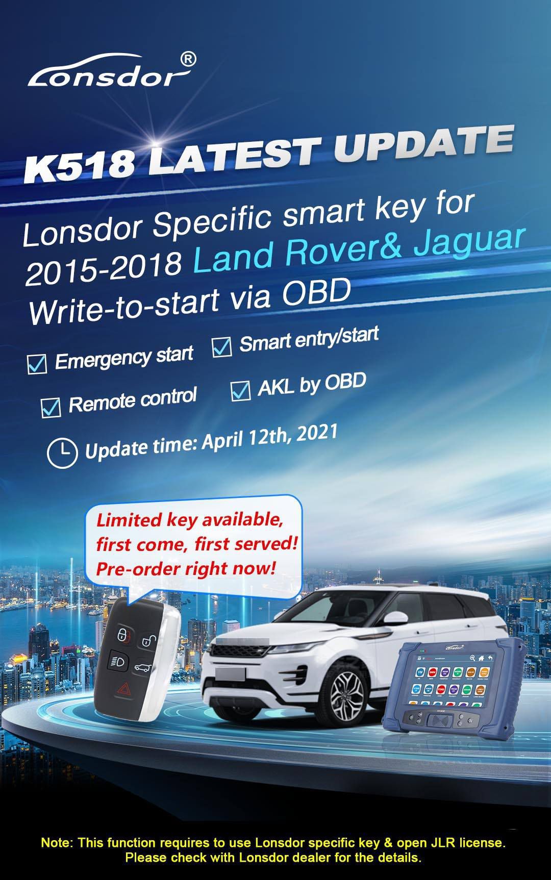 Licença Lonsdor JLR 2015-2018 Land Rover Jaguar Write-to-start via OBD