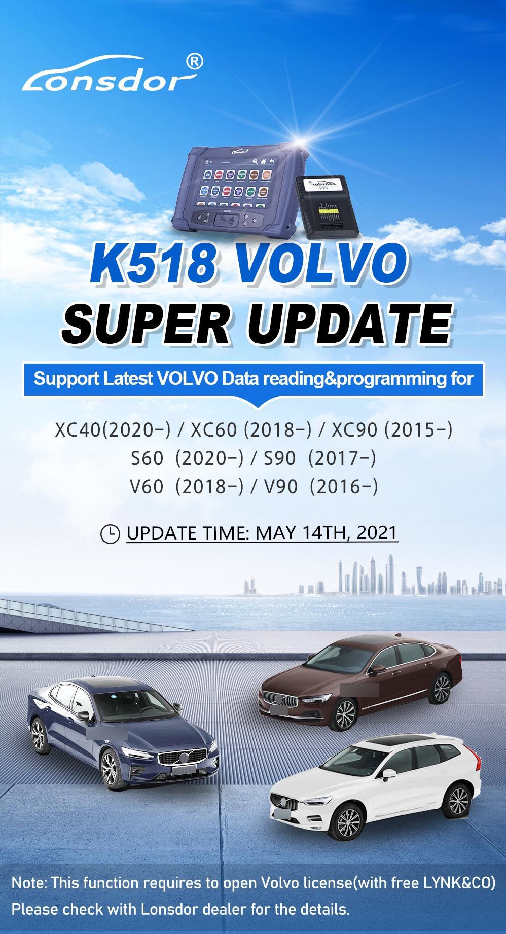 Lonsdor Volvo Licença para Mais Recente XC40 XC60 XC90 S60 S90 V60 V90 Chave Inteligente para K518ISE e K518S