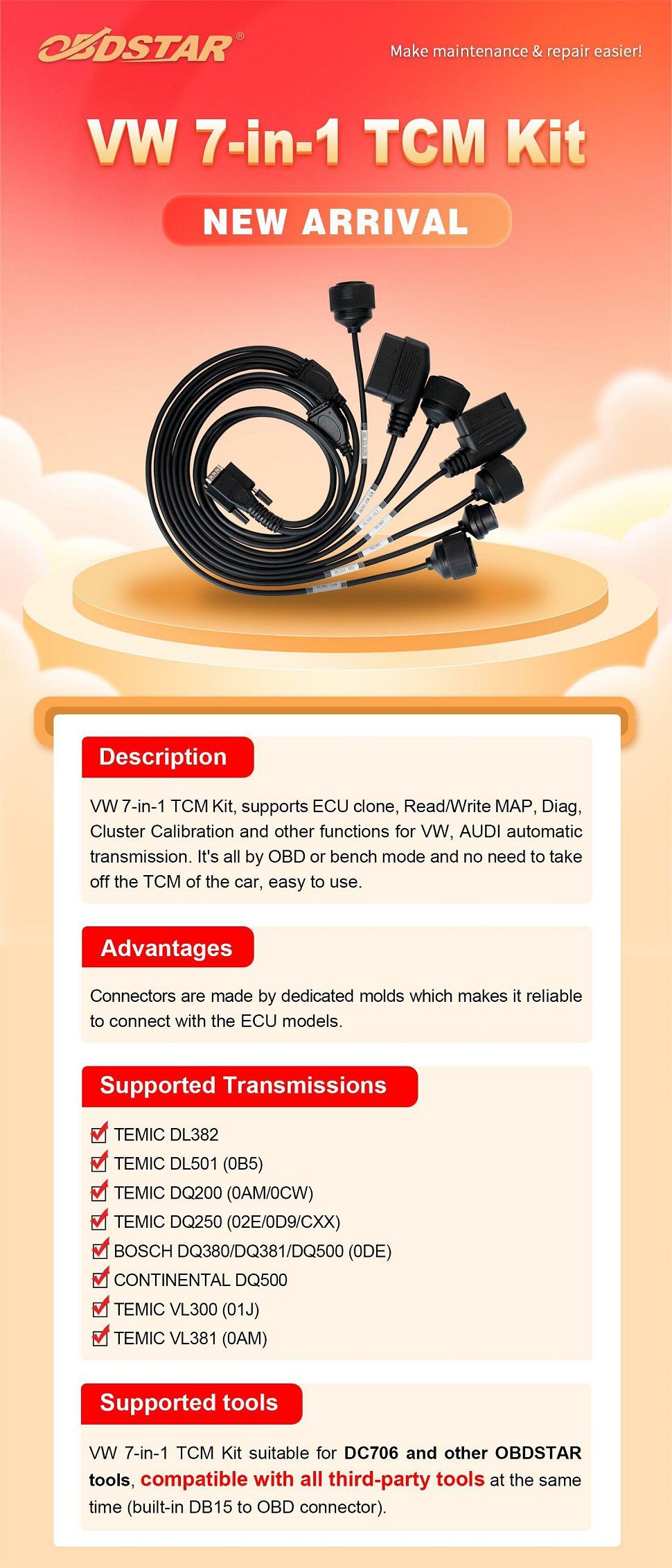 OBDSTAR VW 7-em-1 TCM Kit Apoio ECU Clone Leia/Escreva MAP Usado com DC706 e Outras Ferramentas OBDSTAR