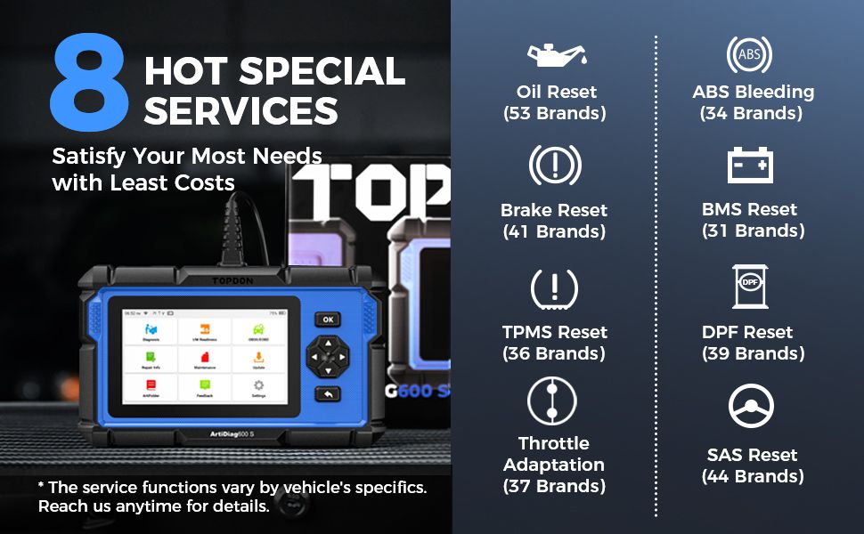 TOPDON Artidiag 600S AD600S com 4 ferramentas de diagnóstico do sistema e 8 serviços de redefinição
