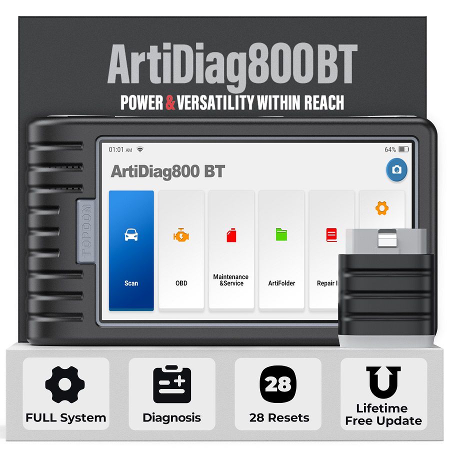 TOPDON Artidiag 800 BT Ferramenta de diagnóstico de todo o sistema de nível médio com 28 funções de serviço Atualização de vida útil grátis Multi-linguagem