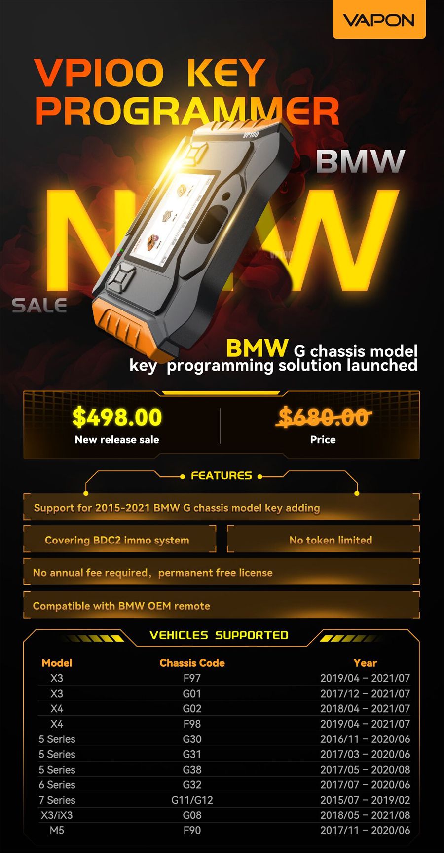 VAPON VP100 Chave Programador BMW Suporte 2015-2021 Chave do Modelo do Chassis BMW G Adicionando Sem Taxa Anual Sem Token Necessário