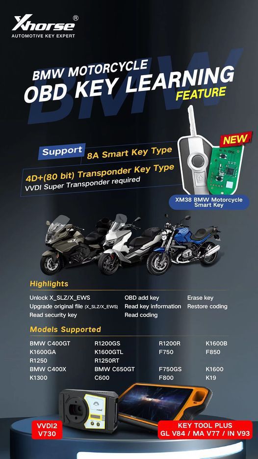 Licença de aprendizagem chave OBD da motocicleta Xhorse BMW para VVDI2 e ferramenta chave Plus